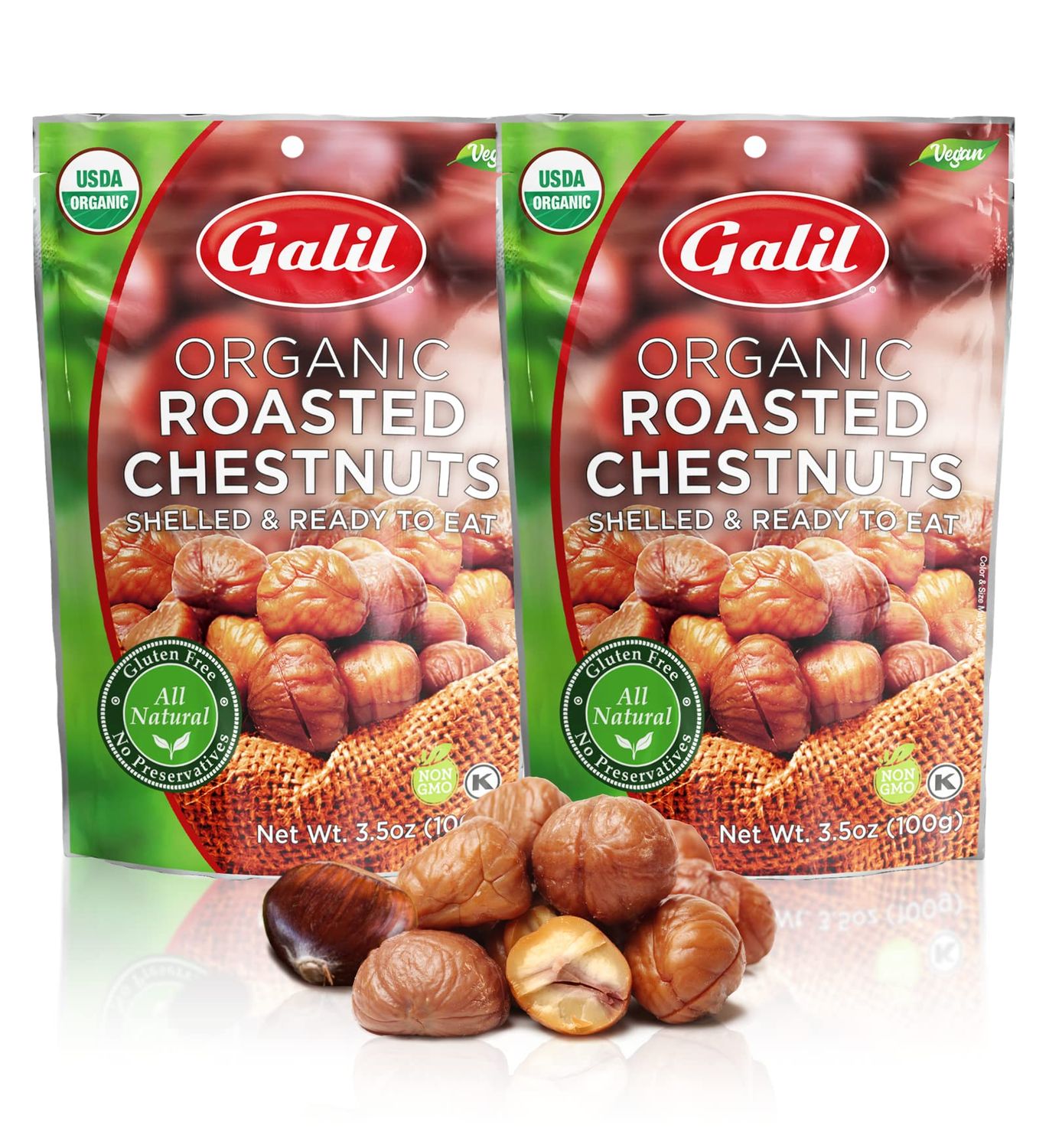 Galil Organic Roasted Chestnuts Pack of 2 - Shelled &amp; Ready to Eat - Gluten Free, Vegan, Organic, Non-GMO, Kosher Snacks - Great for Baking, Cooking &amp; Turkey Stuffing 3.5oz Bags