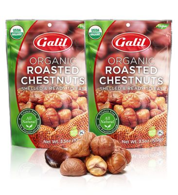 Galil Organic Roasted Chestnuts Pack of 2 - Shelled &amp; Ready to Eat - Gluten Free, Vegan, Organic, Non-GMO, Kosher Snacks - Great for Baking, Cooking &amp; Turkey Stuffing 3.5oz Bags