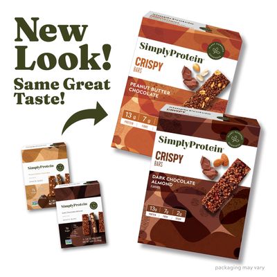 Simply Protein - Crispy Bars Variety Pack, Peanut Butter + Dark Chocolate Almond - Plant Based Protein Bars - 13g Protein, 2g Sugar, 7g Fiber - Vegan, Gluten Free, Non GMO - 16 Bars, 2 Boxes