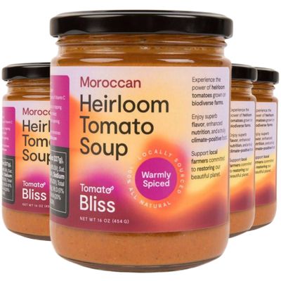 Tomato Bliss Moroccan Heirloom Tomato Soup, All Natural, Non-GMO, Vegan, Dairy-Free, No Added Sugar, Healthy Tomato Soups, High in Vitamin C and antioxidants (16 oz, 4-pack)