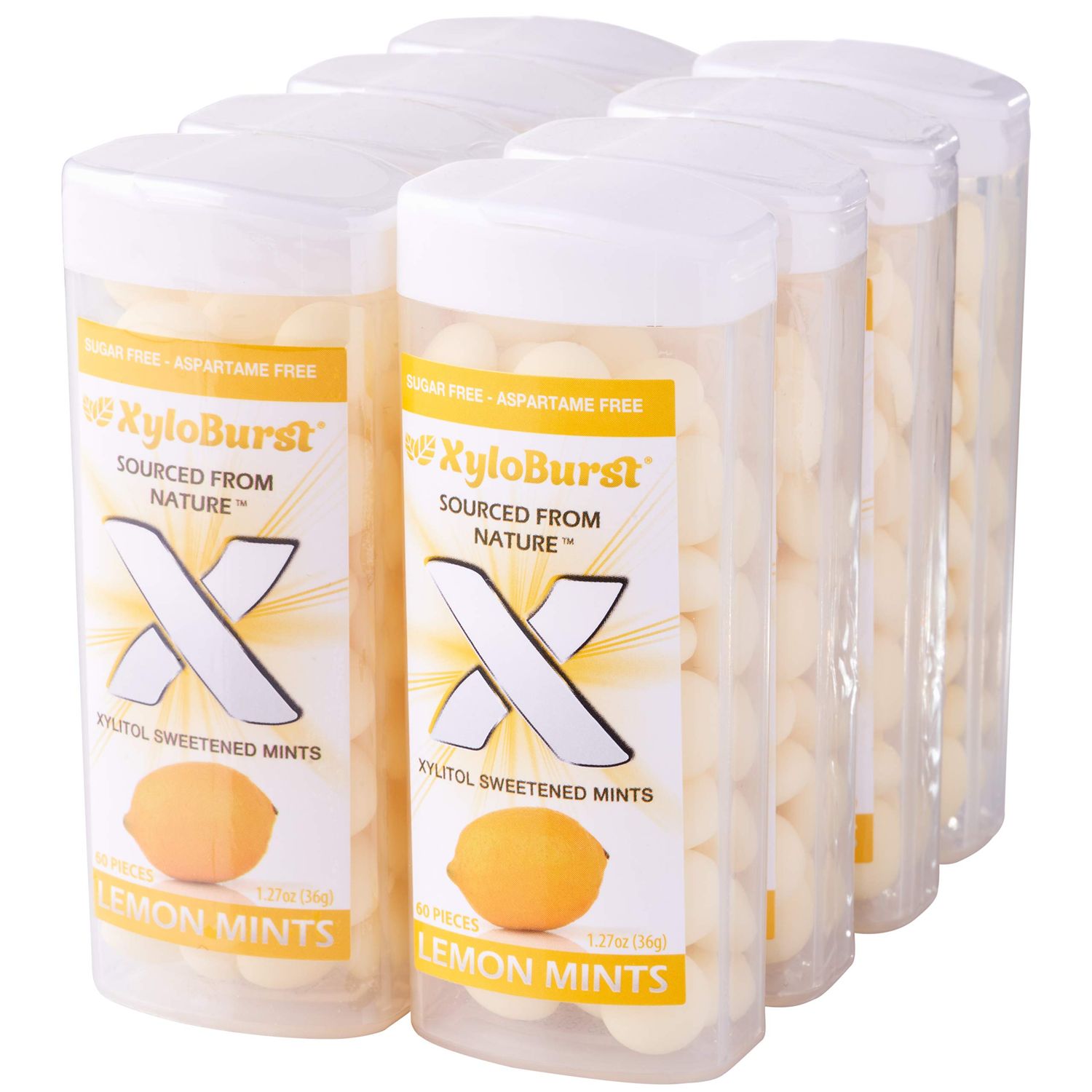 XyloBurst - Xylitol Mints | Sugar Free Breath Mints for Oral Health | Gluten Free, Vegan, Keto Friendly | Aspartame Free Mints | Lemon | 60 Count Jar, 8-Pack