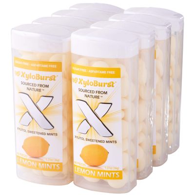 XyloBurst - Xylitol Mints | Sugar Free Breath Mints for Oral Health | Gluten Free, Vegan, Keto Friendly | Aspartame Free Mints | Lemon | 60 Count Jar, 8-Pack