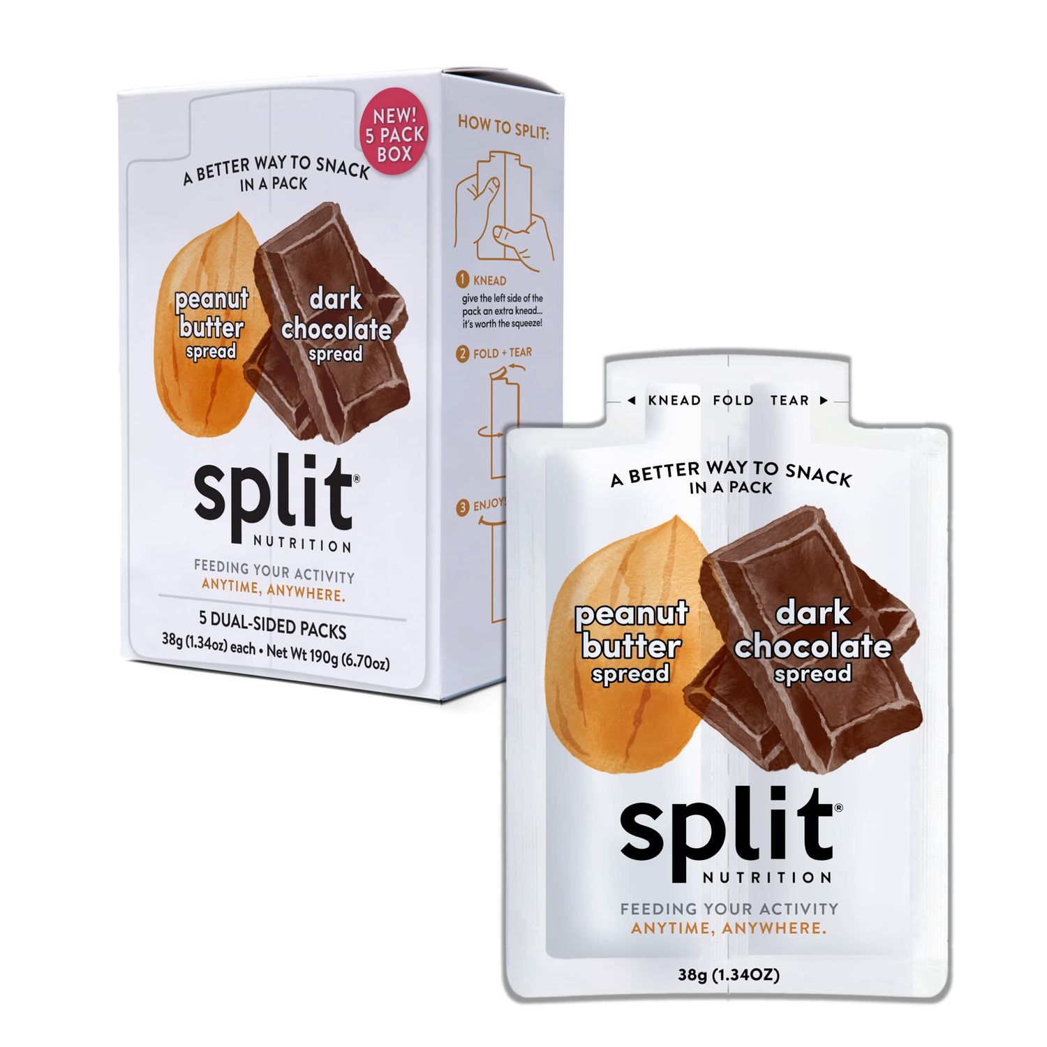 Split Nutrition Dark Chocolate and Peanut Butter Squeeze Packs - Non-GMO, Gluten Free Snack Pouch - On The Go Snack Made with Real Food - Zero Artificial Preservatives or Sweeteners (5 Pack)