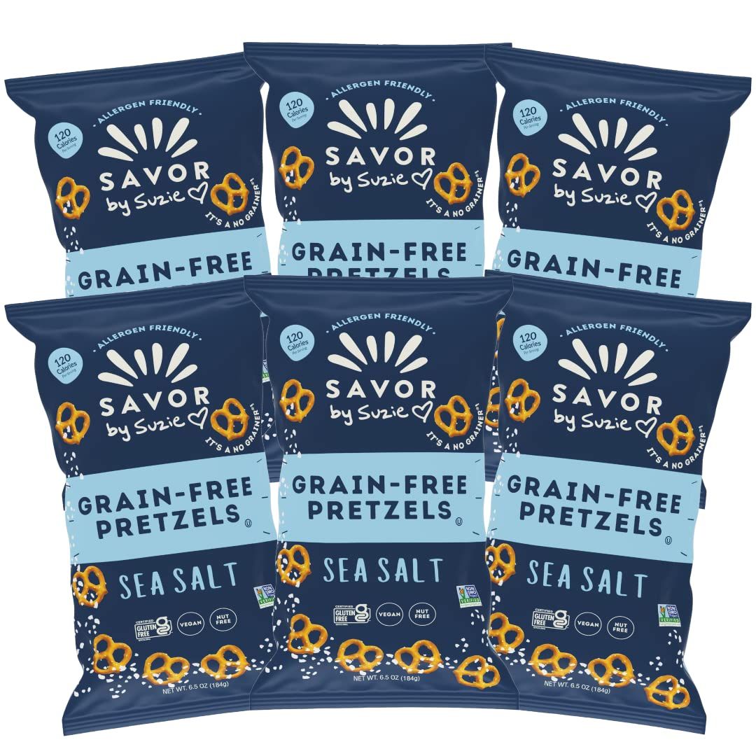 Savor by Suzie, Gluten-Free Pretzel Twists - Grain Free, Nut Free, Non-GMO Vegan, Sugar-Free Paleo Snacks, Sea Salt, 6-pack, 6.5oz