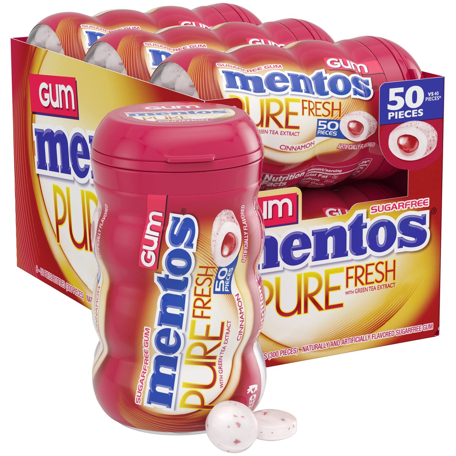 Mentos Pure Fresh Holiday Sugar-Free Chewing Gum with Xylitol, Cinnamon, Holiday Christmas Stocking Stuffers for Adults &amp; Kids, 50 Piece Bottle (Bulk Pack of 6)