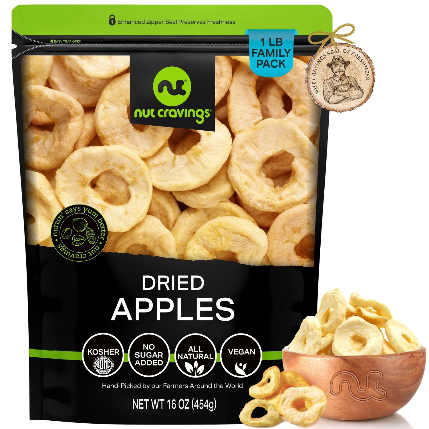 NUT CRAVINGS Dry Fruits - Dried Apple Rings Slices, No Sugar Added - Chewy Soft Texture (16oz - 1 LB) Packed Fresh in Resealable Bag - Sweet Snack, Healthy Food, All Natural, Vegan, Kosher Certified