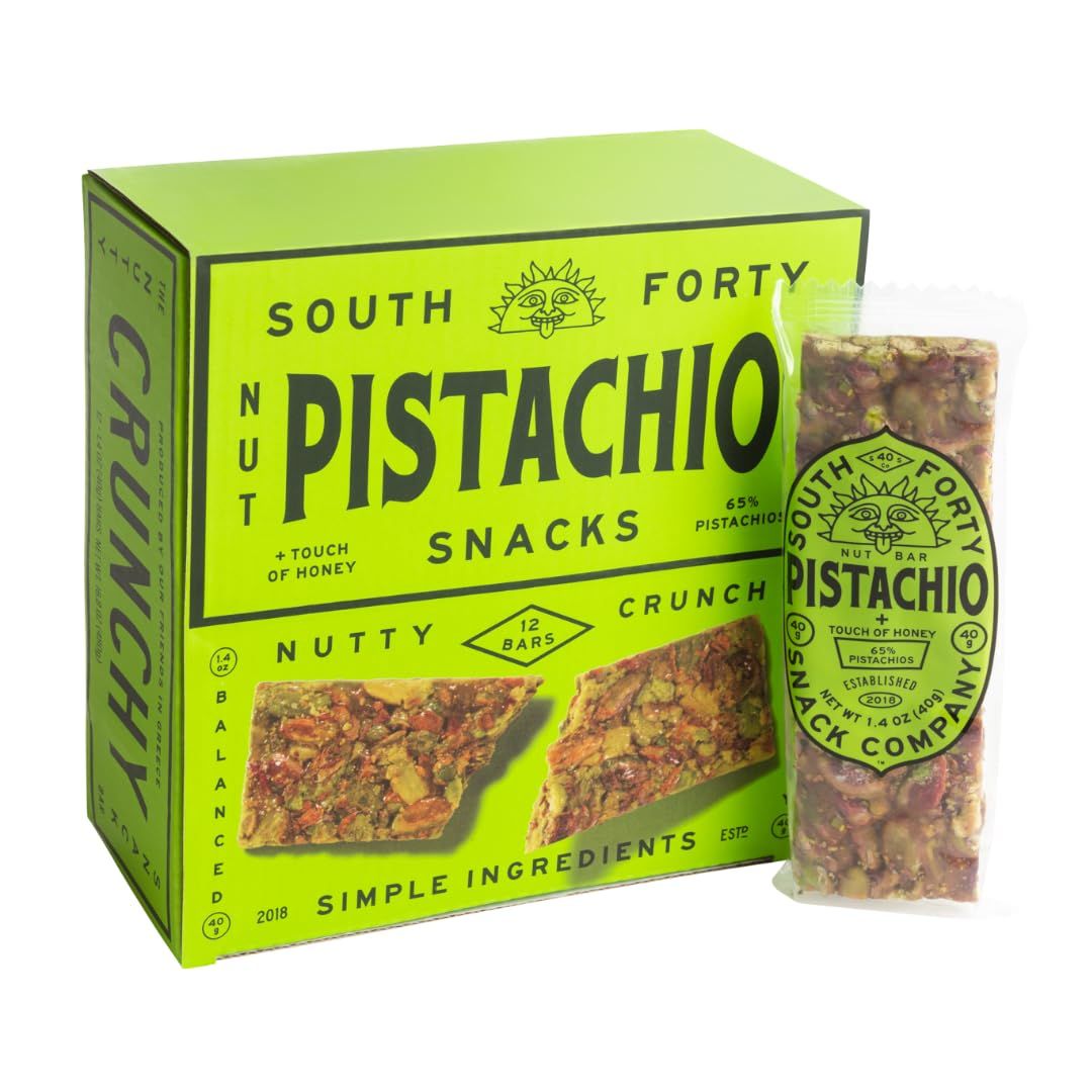 South 40 Snacks Pistachio Bar, Extra Crunchy Nut Snack Bar, Simple Ingredients, Honey and Sugar, Unique Delicious Healthy Nut Clusters, Individually Wrapped, 5 Grams of Protein (40g Bar, Pack of 12)