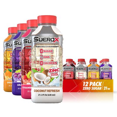 SueroX Zero Sugar Electrolyte Drink for Hydration and Recovery, Unique Blend of Electrolytes &amp; 8 Ions, Zero Calorie Sports Drink, 21.3 Fl Oz, Tropical Pack, 12 Count