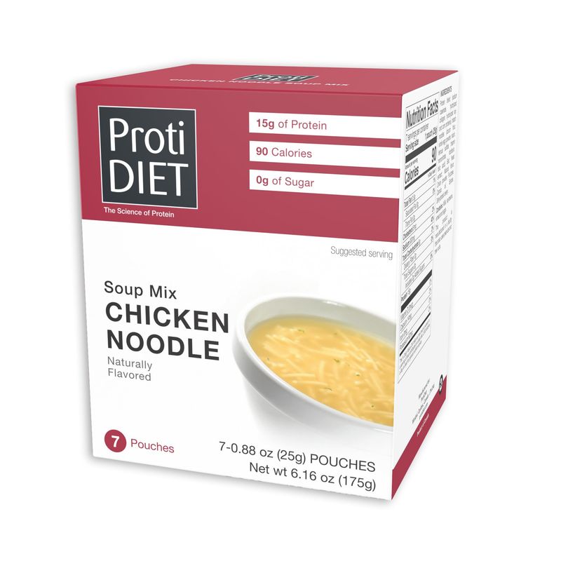 ProtiDIET High Protein Chicken Noodle Soup Mix - Keto, Low Fat and Sugar free - Quick and Easy to Prepare Meal Replacement Protein Powder Soup Mix with Collagen - 7 Soup Mix Pouches Per Box