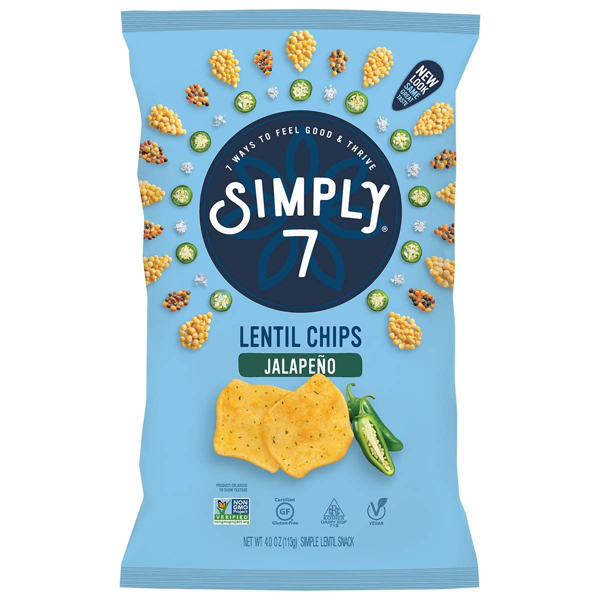 Simply 7, Lentil Chips, Jalapeo, 4 oz, 12 Pack, Non-GMO, Nut-Free, Vegetarian, Low Calorie, Plant-Based, Cholesterol-Free, Low Fat, Vegan Snack