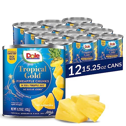 Dole Canned Fruit, Tropical Gold Pineapple Chunks in 100% Pineapple Juice, Gluten Free, Pantry Staples, No Sugar Added, 15.25 Oz, 12 Count