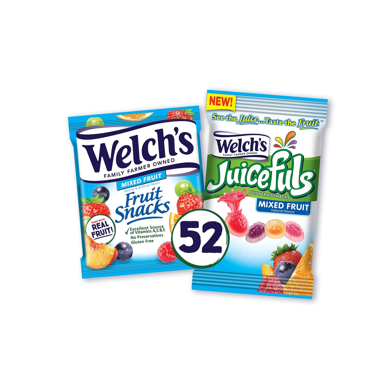 Welch&#39;s Fruit Snacks &amp; Juicefuls Juicy Fruit Gushers, Mixed Fruit Combo Variety Pack, Gluten Free, Individual Single Serve 0.8 and 1 oz Bags (Pack of 52)