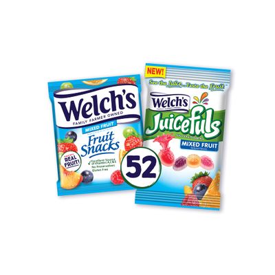 Welch&#39;s Fruit Snacks &amp; Juicefuls Juicy Fruit Gushers, Mixed Fruit Combo Variety Pack, Gluten Free, Individual Single Serve 0.8 and 1 oz Bags (Pack of 52)