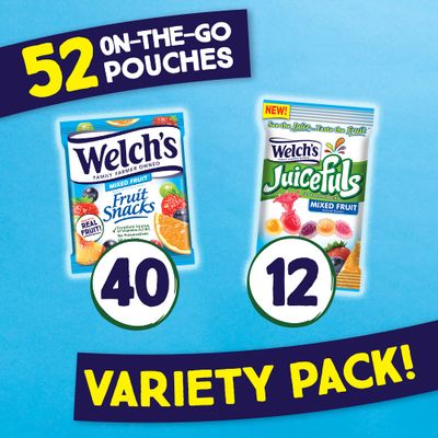 Welch's Fruit Snacks & Juicefuls Juicy Fruit Gushers, Mixed Fruit Combo Variety Pack, Gluten Free, Individual Single Serve 0.8 and 1 oz Bags (Pack of 52)
