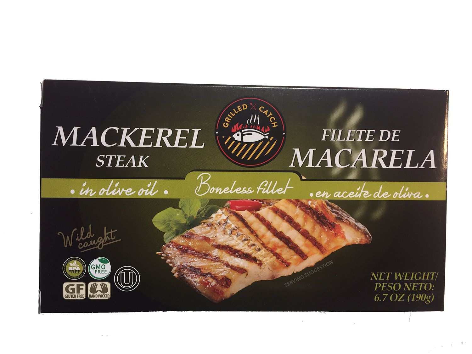 Grilled Catch Mackerel Grilled Boneless Fillet Steak in Olive Oil 6.7 oz Wild Caught, Kosher, Product of Latvia