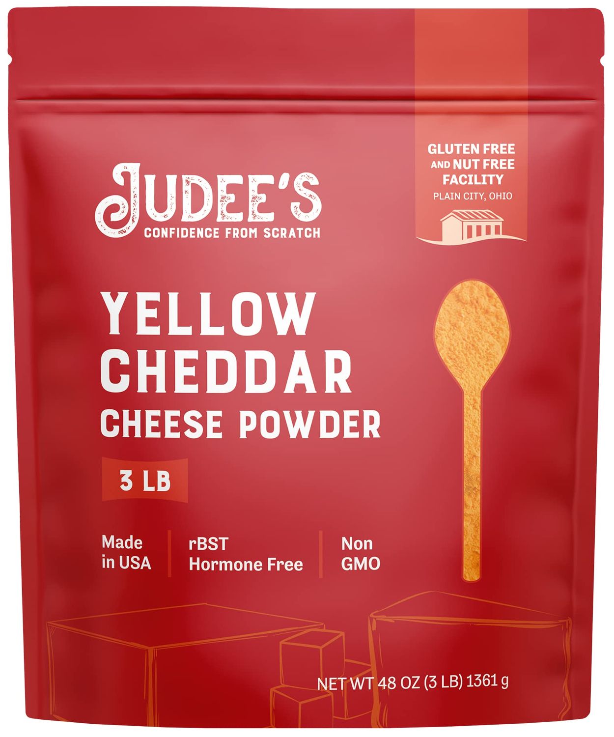 Judees Yellow Cheddar Cheese Powder 3lb - 100% Non-GMO, rBST Hormone-Free, Gluten-Free &amp; Nut-Free - Made from Real Cheddar Cheese - Made in USA - Great in Sauces, Soups, Dips, and Seasonings