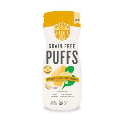 Serenity Kids 6+ Month Grain Free Puffs Toddler &amp; Baby Snack, Sugar, Gluten &amp; Rice Free, BPA &amp; Allergen Free, Made w/Organic Cassava, Veggies, &amp; Herbs, White Cheddar &amp; Cauliflower, 6 Count Baby Puffs