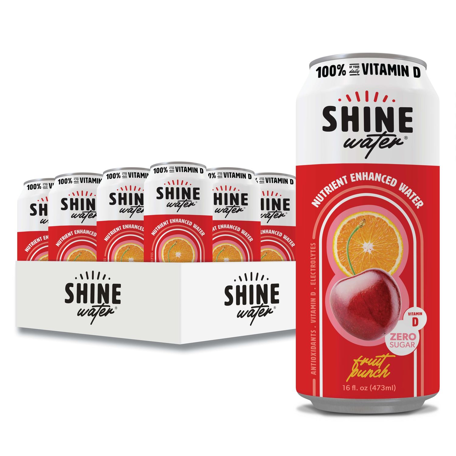 ShineWater Vitamin D Hydration Electrolyte Drink, Fruit Punch 12 Pack, Sugar Free Naturally Flavored Water, Magnesium, Zinc, Vitamin B12, Folic Acid, Plant Based Antioxidants, Low Calorie