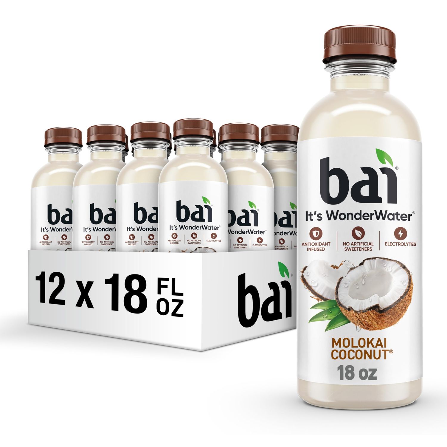 Bai Antioxidant Infused Water Beverage, Molokai Coconut, with Vitamin C and No Artificial Sweeteners, 18 Fluid Ounce Bottle, 12 Pack