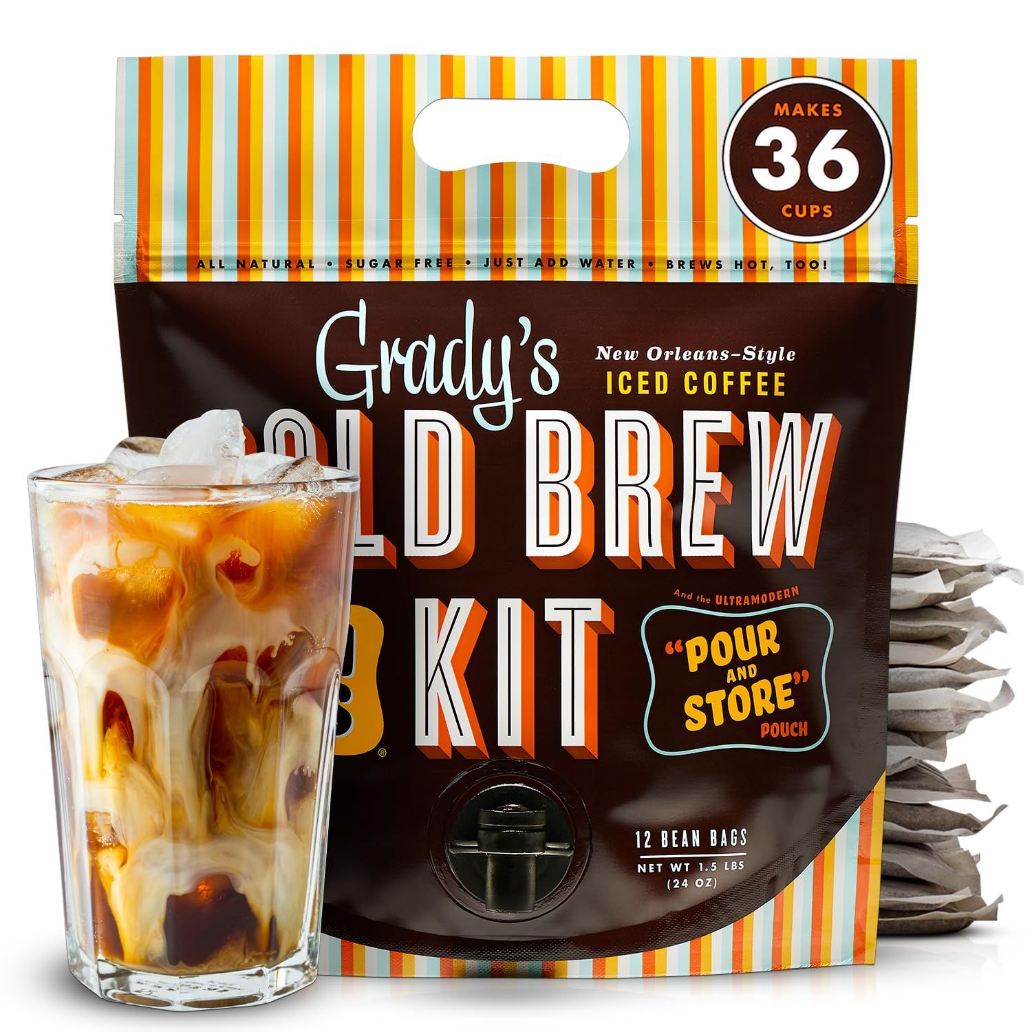 GRADYS COLD BREW Coffee Pouches | New Orleans Style | 100% Arabica Ground Coffee &amp; Chicory | All-in-One Cold Brew Kit with 12 Easy-to-Brew Beans Bags | Makes 36 drinks