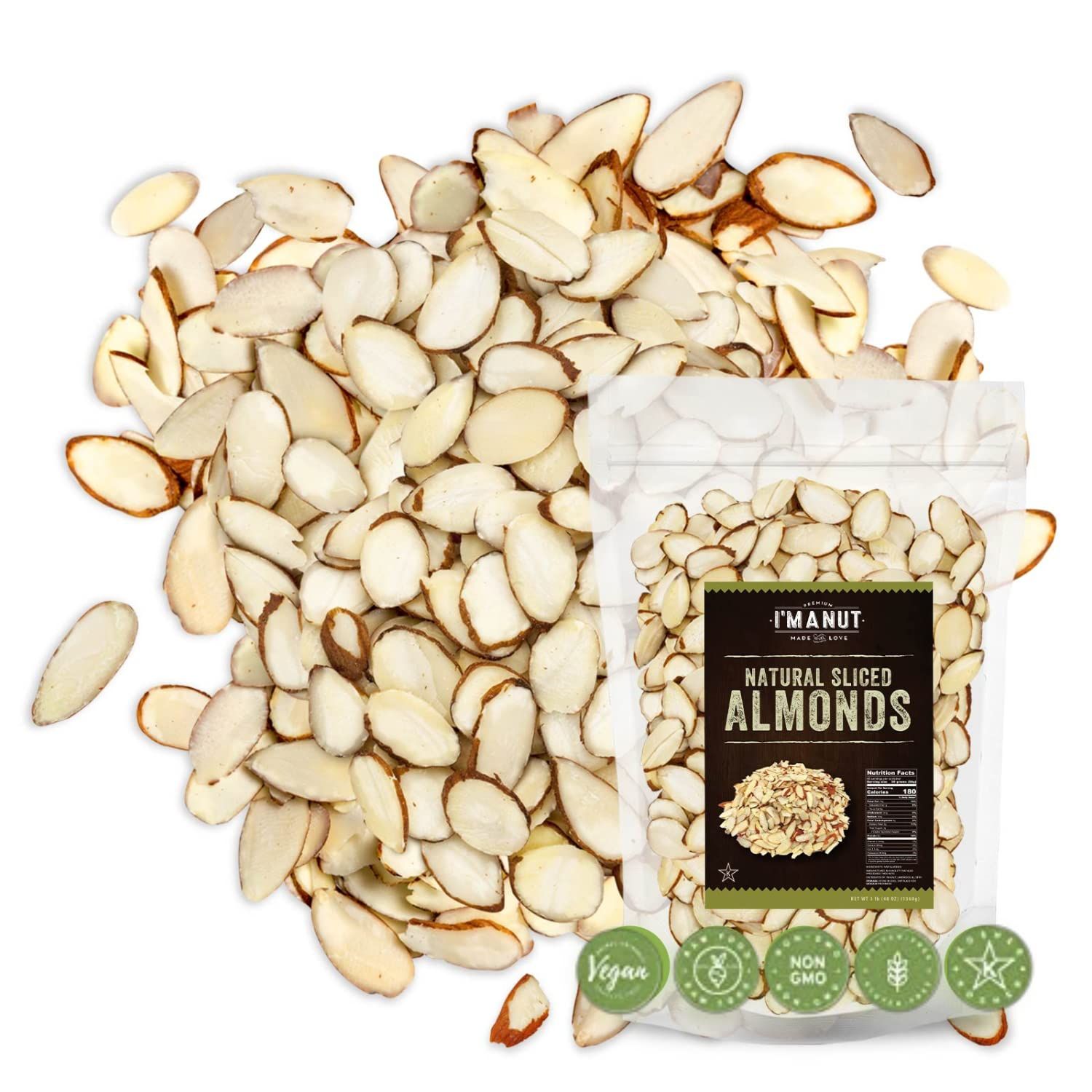 Premium Raw Unsalted Sliced Almonds 32oz (2 lb) | Superior Gourmet Quality | Batch Tested Gluten &amp; Peanut Free | Non-GMO | No PPO | Unblanched for Maximum Nutrition &amp; Flavor