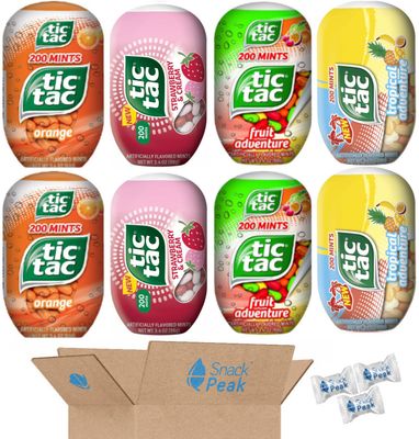 Tic Tac Variety Snack Peak Gift Box - 8 large (3.4 oz) bottles - Strawberry and Cream, Orange, Fruit Adventure, and Tropical Adventure