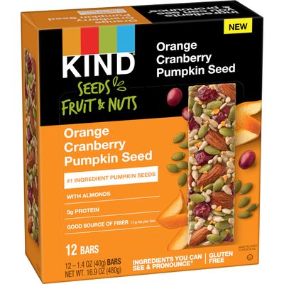 KIND Seeds Fruit &amp; Nuts Snack Bar, Orange Cranberry | 5g Protein, High Fiber, Gluten Free Bars, 1.4 OZ, 12 Count