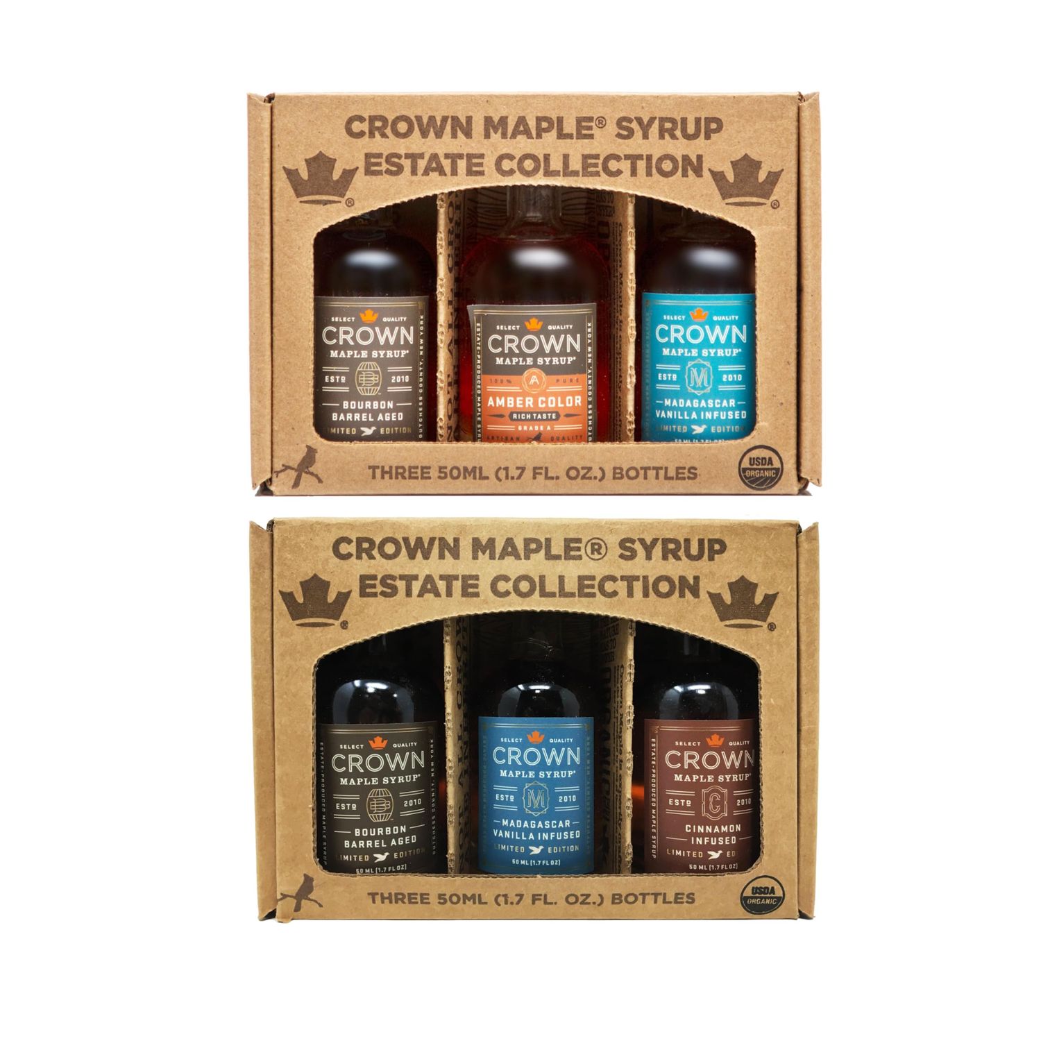 Crown Maple Syrup Sampler - Classic Trio Maple Syrup Collection And Infused Pure Maple Syrup Trio Bundle Bourbon Maple Syrup Gift Set Mini Maple Syrup Pure Syrup Sampler