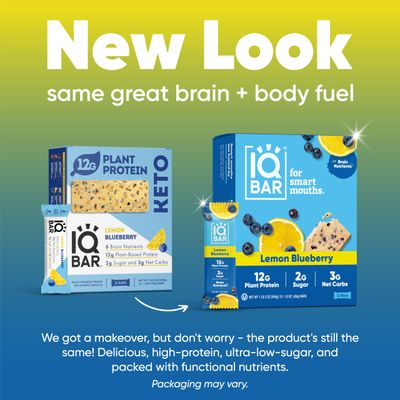 IQBAR Brain and Body Plant Protein Bars - Lemon Blueberry - 12 Count, Low Carb, High Fiber, Gluten Free, Healthy Vegan Snacks - Low Sugar Keto Bar
