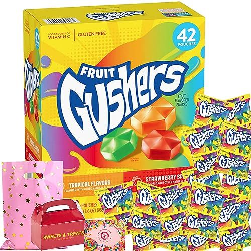 Fruit Gushers Variety Snacks | Tropical &amp; Strawberry Splash Gluten Free | After School Lunch Picnic Birthday Party Dessert | Card &amp; Treat Bag Included - 42 Pouches