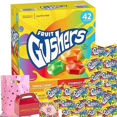 Fruit Gushers Variety Snacks | Tropical &amp; Strawberry Splash Gluten Free | After School Lunch Picnic Birthday Party Dessert | Card &amp; Treat Bag Included - 42 Pouches