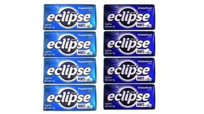 Pack of 8 Eclipse Sugarfree Mint Candy - Breath Freshener - 1.2 oz per Tin - 50 Mints per Tin (4X Peppermint and 4X Winterfrost)