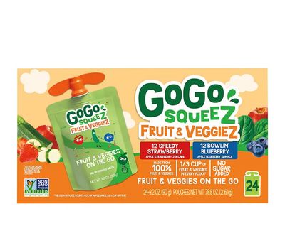 GoGo SqueeZ Fruit &amp; VeggieZ Speedy Strawberry &amp; Bowlin' Blueberry Applesauce Pouches (3.2 oz., 24 ct.) With TheOrangeGoat StoreFront Card