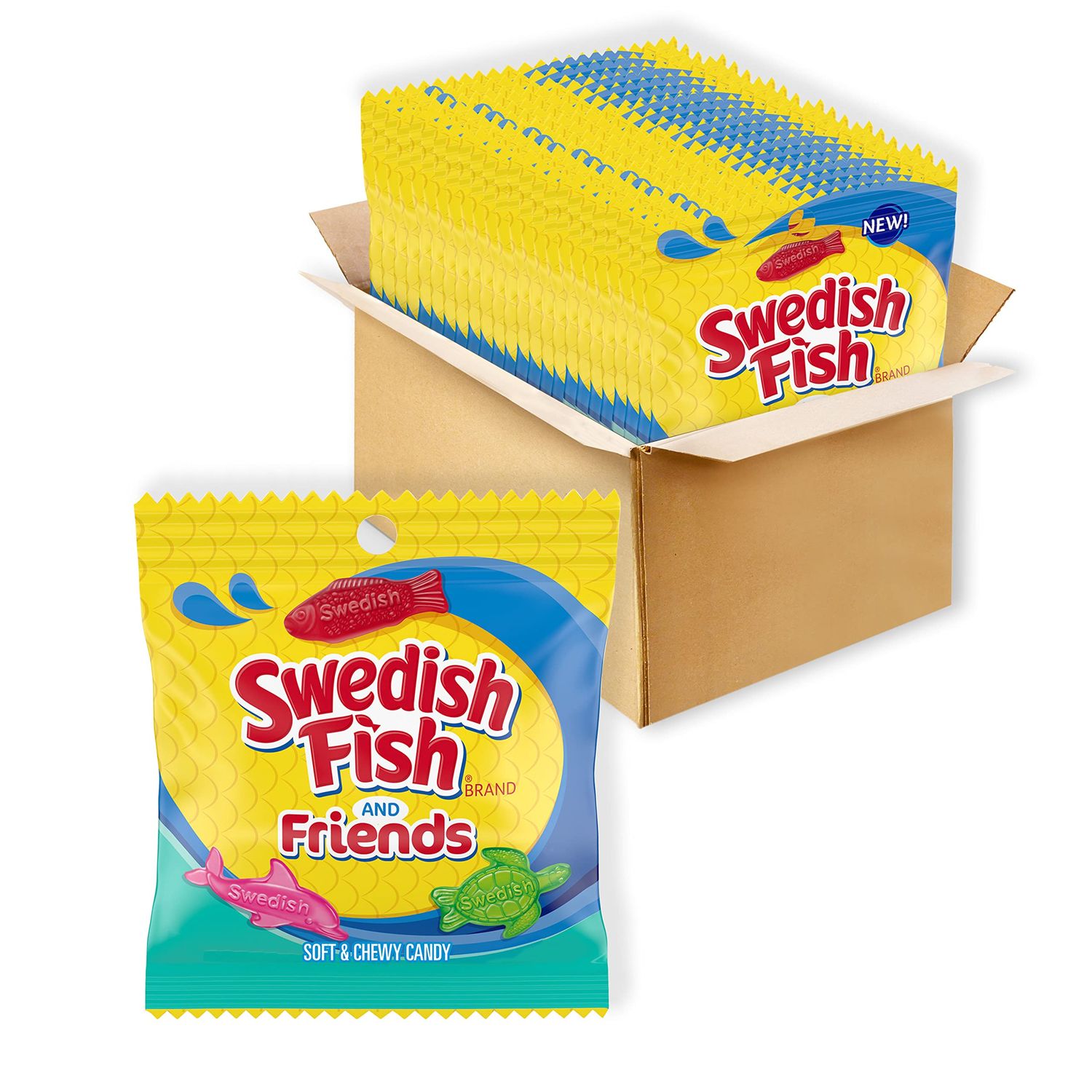 SWEDISH FISH and Friends Soft &amp; Chewy Candy, Bulk Candy, 12-3.59 oz Bags