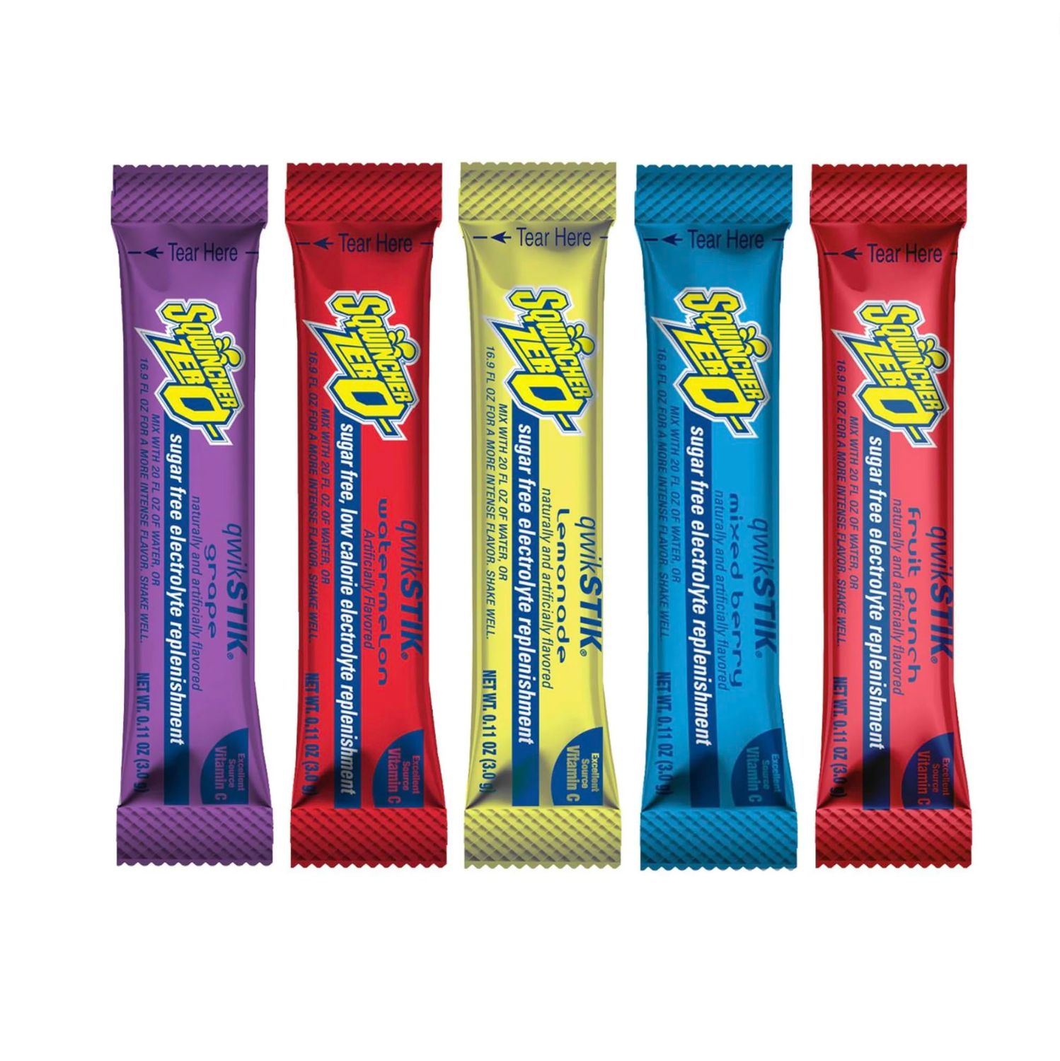Sqwincher Zero 500 Qwik Stiks Sugar-Free Electrolyte Powdered Beverage Mix - Assorted Popular Flavors (grape, watermelon, lemonade, mixed berry, fruit punch)