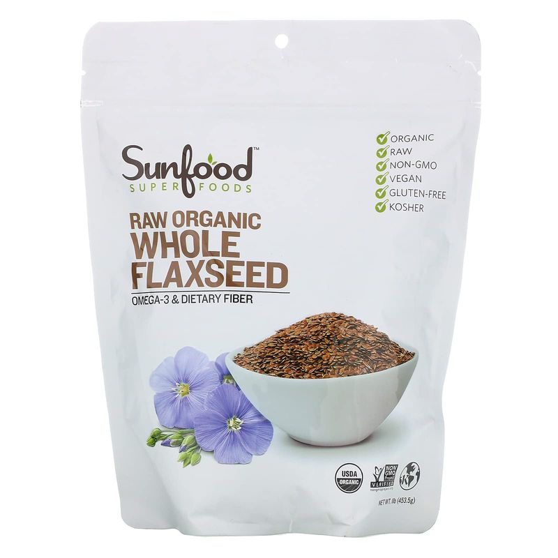 Sunfood Superfoods Whole Flaxseed - Organic, Raw, Gluten-Free - Rich in Protein, Fiber, Omega-3&#39;s - Mild Nutty Flavor - One of Nature&#39;s Greatest Health Foods - Add to Cereal, Salads, Smoothies 1 lb
