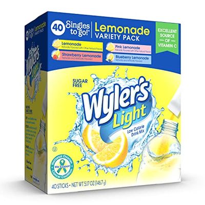 Wyler&#39;s Light Singles to Go Powder Packets, Water Drink Mix, Variety Pack, Pink, Strawberry &amp; Blueberry Lemonade, Sugar &amp; Caffeine Free, On-The-Go, 40 Count (Pack of 1)