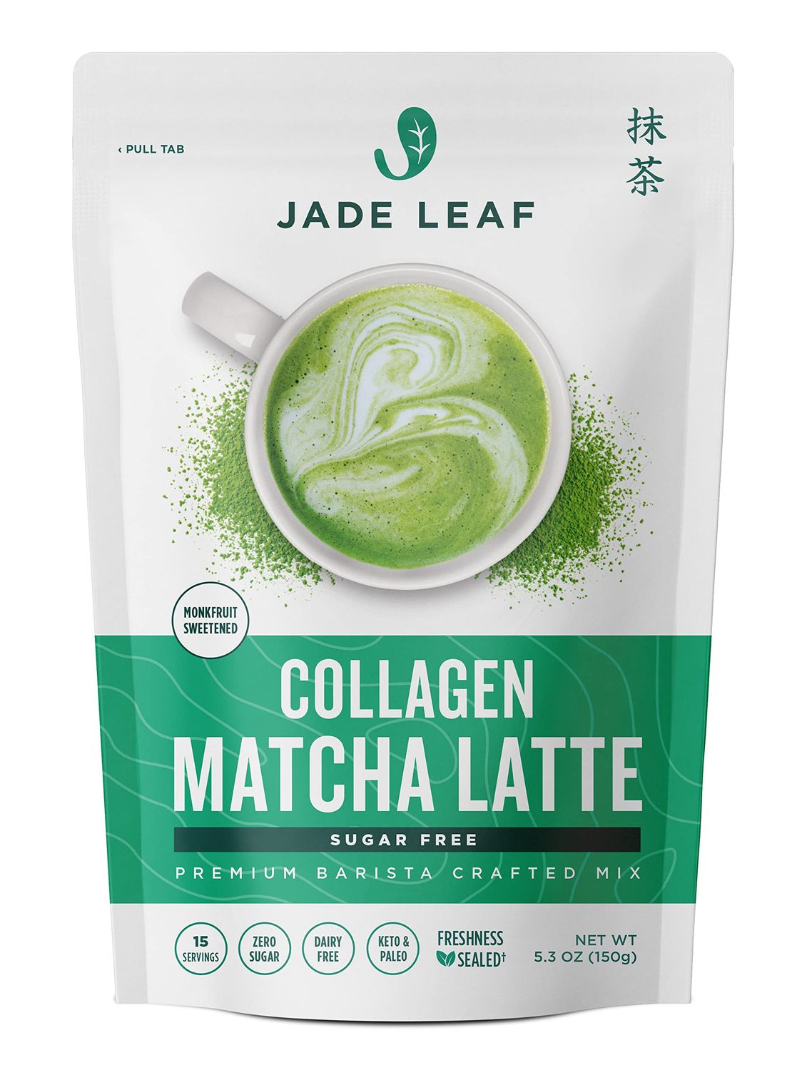Jade Leaf Matcha Caf Style Sugar Free Matcha Latte Green Tea Powder with Grass Fed Collagen, Monkfruit Sweetened, Premium Barista Crafted Mix, Authentically Japanese, 15 Servings (5.3 Ounces)