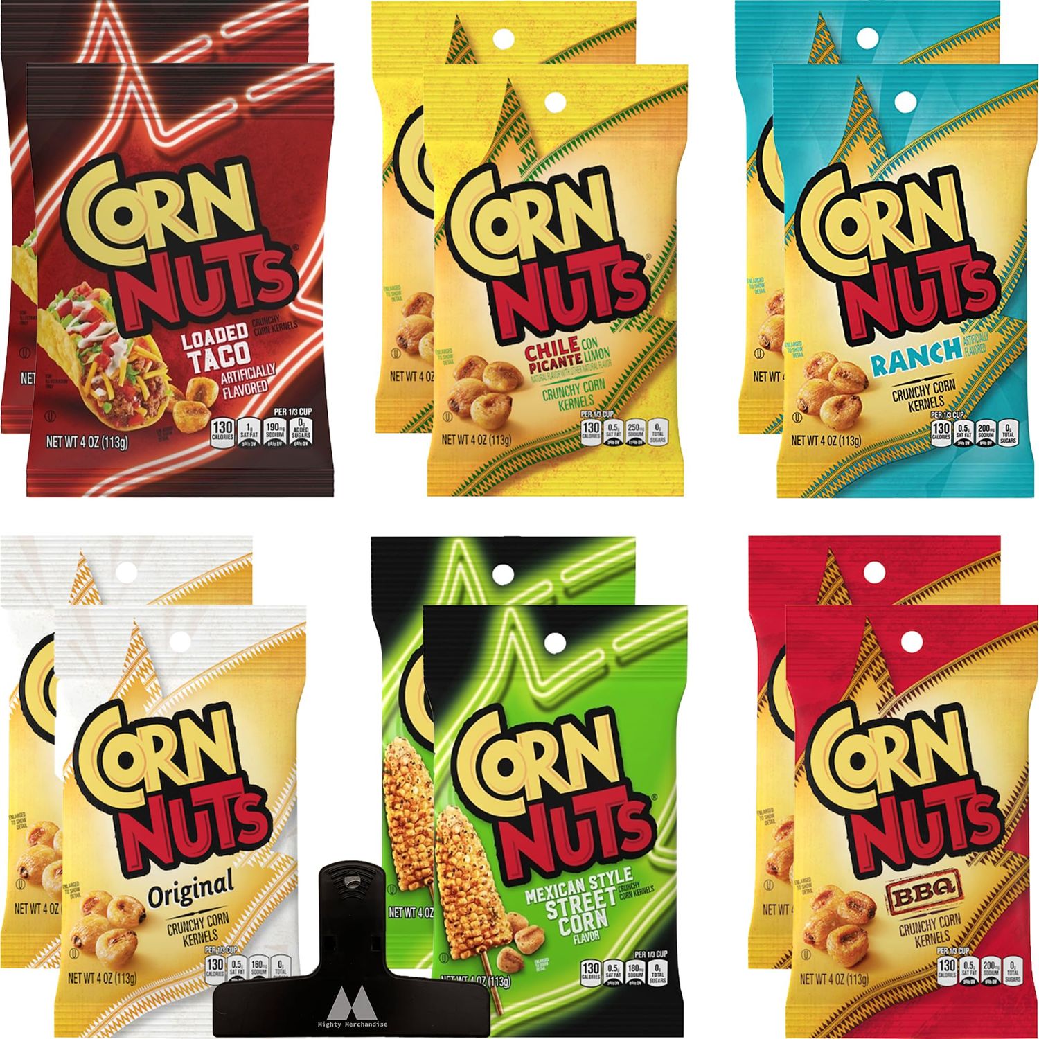 Corn Nuts Variety Pack - 4 oz Bags (Pack of 12) - Loaded Taco, Chile Picante, Ranch, Original, Mexican Street Corn, and BBQ - Bulk Box - With Mighty Merchandise Bag Clip