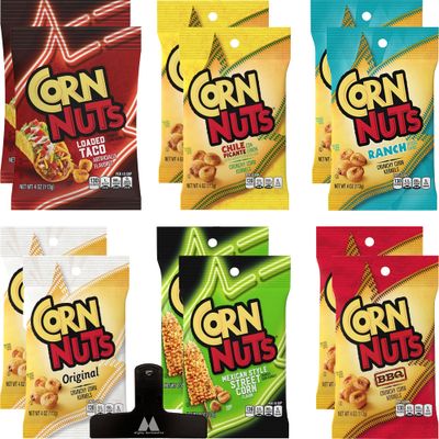 Corn Nuts Variety Pack - 4 oz Bags (Pack of 12) - Loaded Taco, Chile Picante, Ranch, Original, Mexican Street Corn, and BBQ - Bulk Box - With Mighty Merchandise Bag Clip