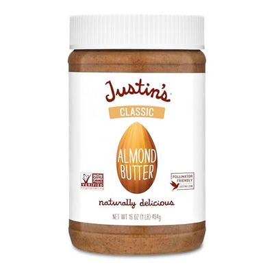 Justin&#39;s Classic Almond Butter, Only Two Ingredients, No Stir, Gluten-free, Non-GMO, Keto-friendly, Responsibly Sourced, 16 Ounce Jar, Pack of 1