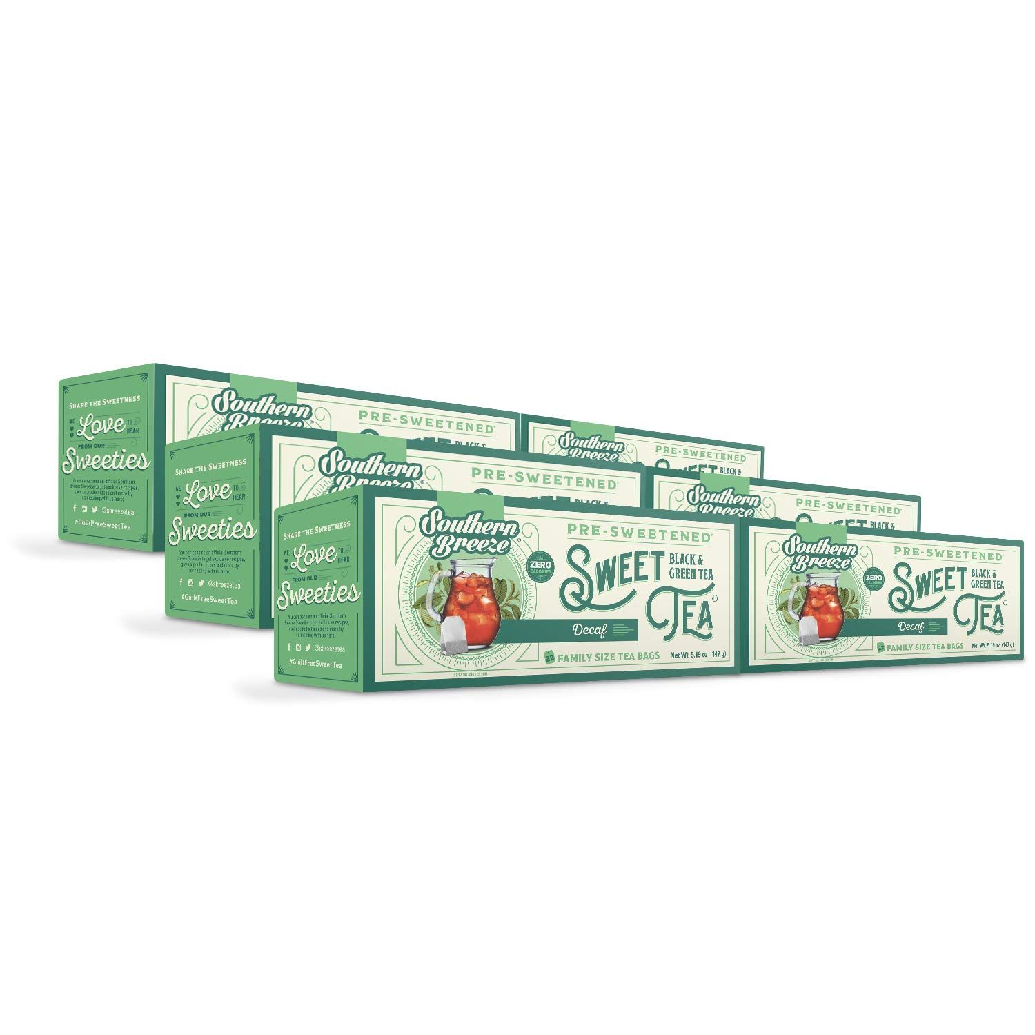 Southern Breeze Hot Brew Sweet Tea Decaf Iced Tea with Black Tea and Zero Carbs Zero Sugar, 22 Individually Wrapped Family Size Tea Bags, Pack of 6