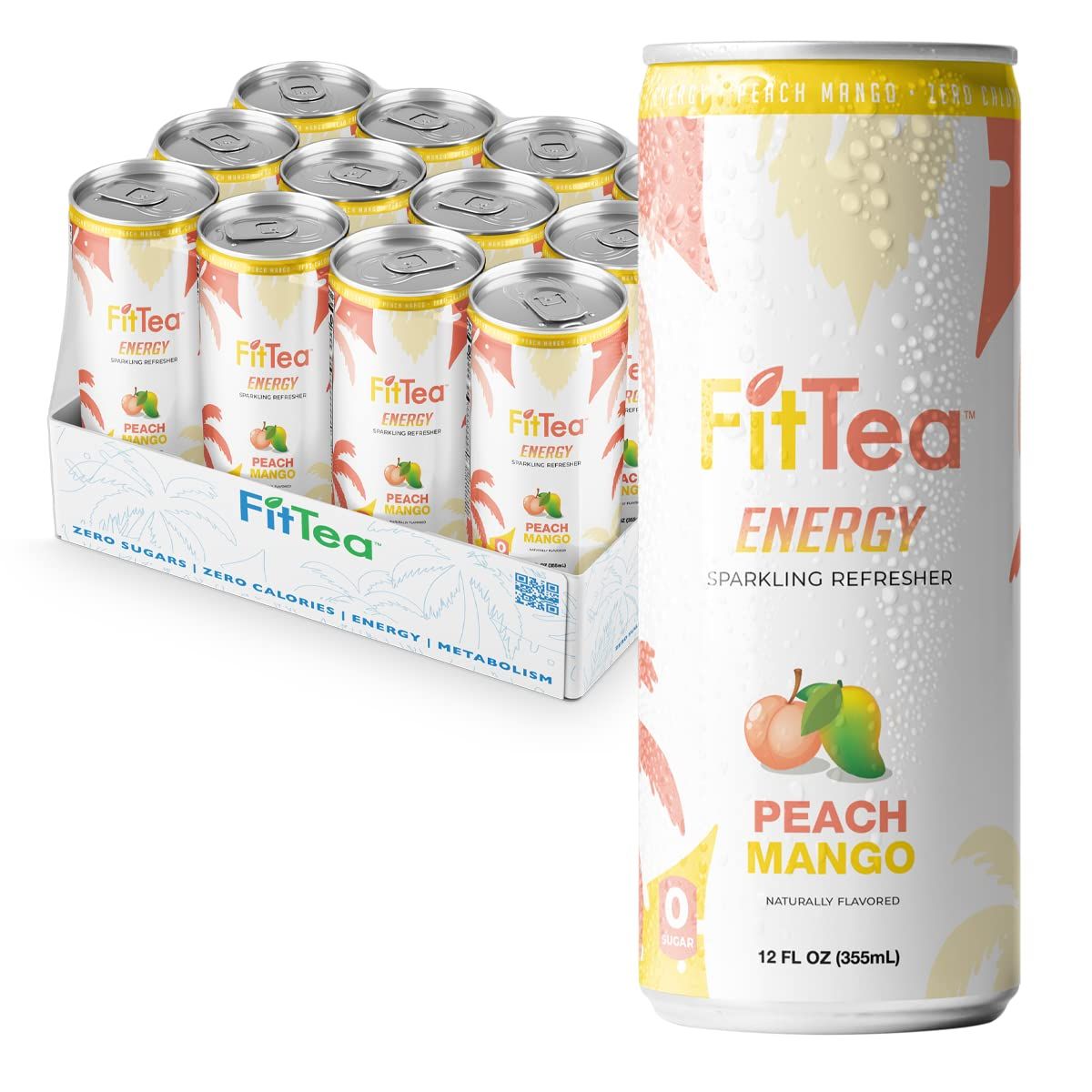 FitTea Healthy Energy Drink 12 Fl Oz - Peach Mango Pre Workout Sparkling Refresher (12 Pack) Natural Green Tea Energy Drinks Sugar Free