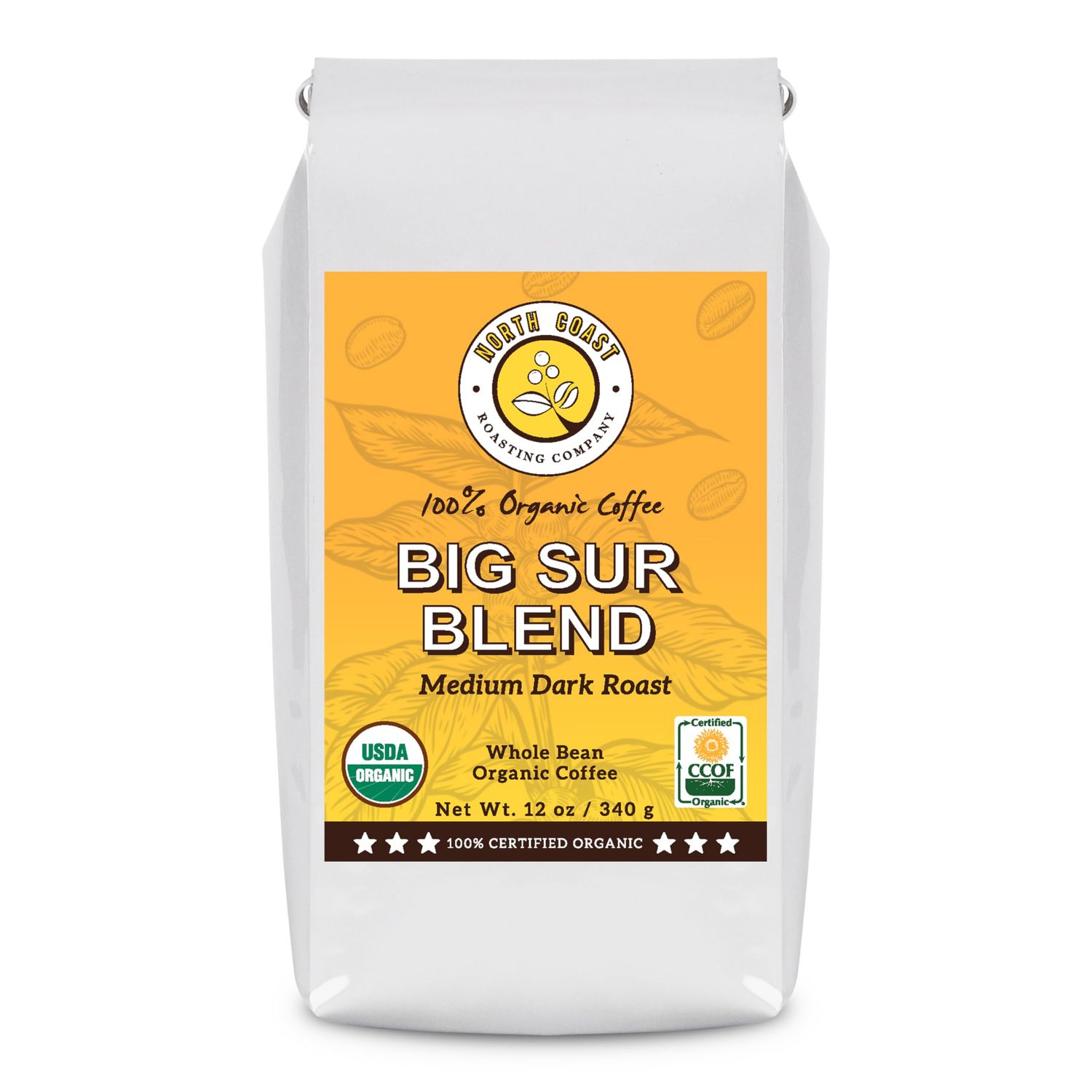 North Coast Roasting Company, Medium Dark Roast, Low Acid Organic Coffee, Whole Bean - Big Sur Blend, USDA Certified Organic Coffee Beans, 12 Ounce Bag