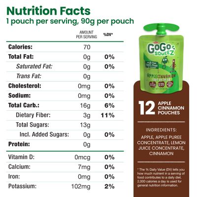 GoGo squeeZ Applesauce and Fruit Puree, Apple Cinnamon, 3.2 oz (Pack of 12), Unsweetened Fruit Snacks for Kids, Gluten Free, Nut Free and Dairy Free, Recloseable Cap, BPA Free Pouches