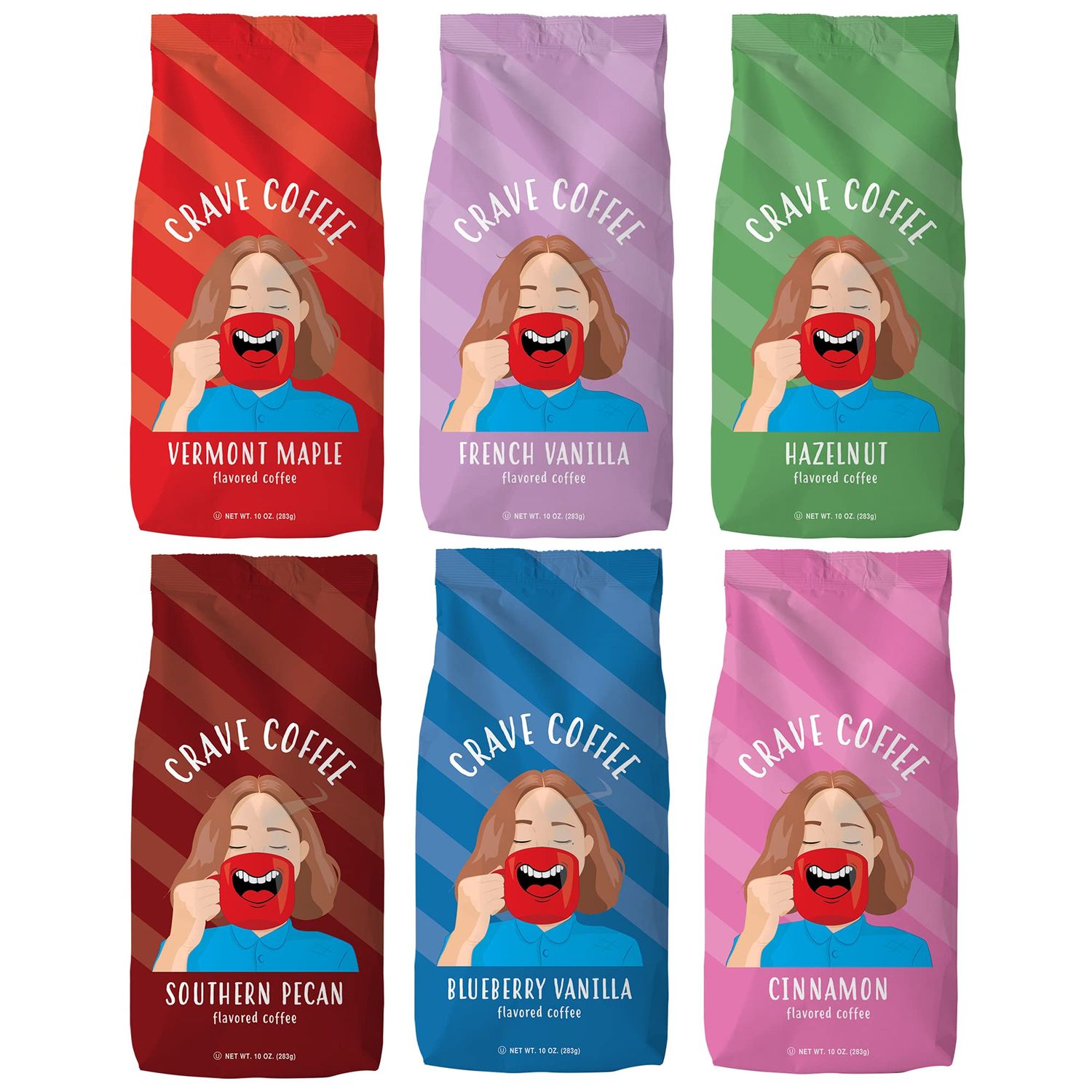 Crave Beverages Flavored Ground Coffee Bag, Assorted Variety Pack - Flavorful and Fun Brew, Made with 100% Arabica Beans - Flavor Enhanced, 10 Oz, Pack of 6