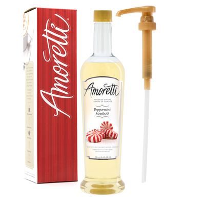 Amoretti - Premium Peppermint Syrup, 94 Servings Per Bottle (750 ml), with Pump for Flavoring Coffees, Cocktails, and other Beverages, Gluten Free, GMO/GEO Free, Preservative Free