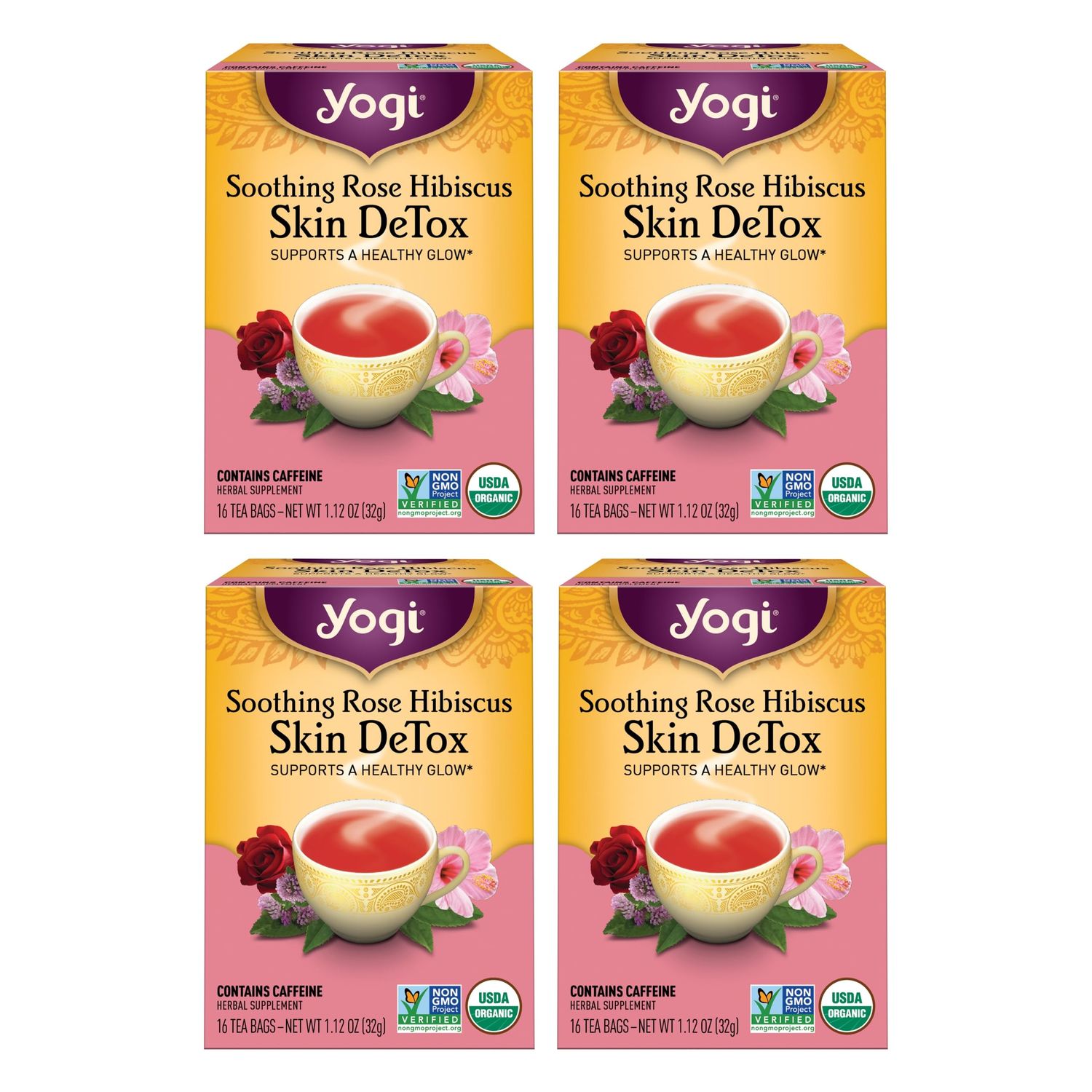 Yogi Tea Soothing Rose Hibiscus Skin DeTox Tea - 16 Tea Bags per Pack (6 Packs) - Organic DeTox Tea to Support Skin Health - Includes Green Tea Leaf, Rose Petal, Honeybush Leaf, Hibiscus &amp; More