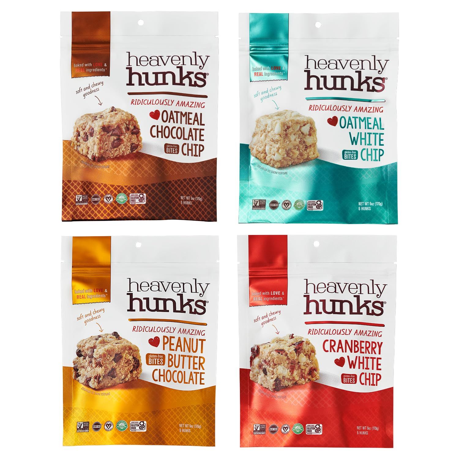 Heavenly Hunks Variety Gift Box - Oatmeal Chocolate Chip, Peanut Butter Chocolate, Cranberry White Chip &amp; Oatmeal White Chip Cookies 4-Pack