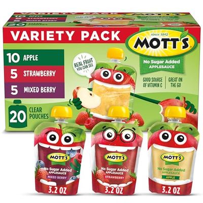 Mott&#39;s No Sugar Added Applesauce Variety Pack, 3.2 oz clear pouches, 20 pack, Made From Real Fruit, Good Source of Vitamin C, On-the-Go